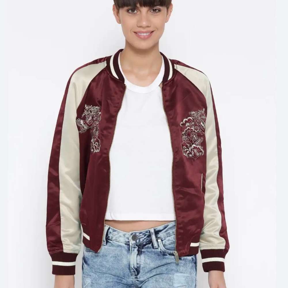 Chinese floral embroidered silk burgundy bomber two toned jacket M